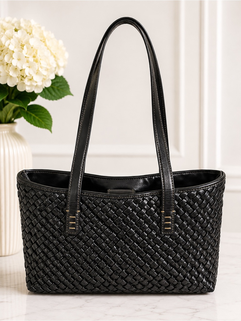 Cole Haan Black Woven Leather Tote Shoulder Bag Large Work Shopper Purse